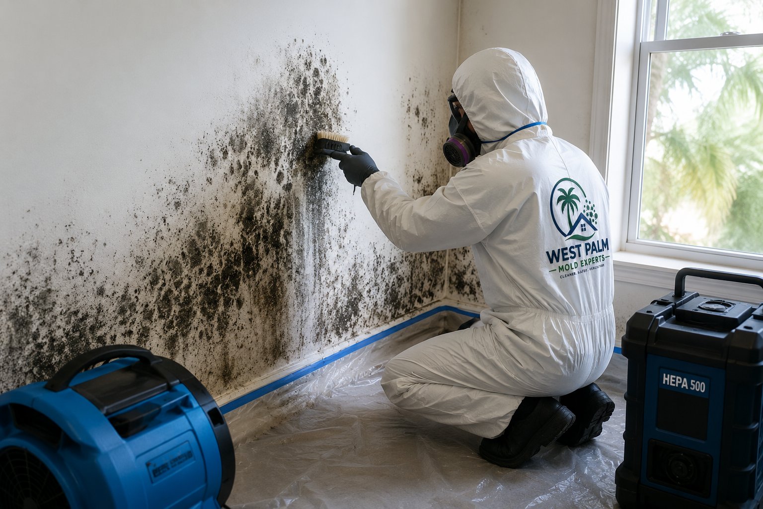 West Palm Mold Experts technician in PPE brushing mold off a wall, with HEPA air scrubber and air mover behind